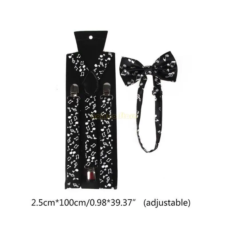 31BF Мужчины Женщины 2 в 1 подтяжечные галстуки набор галстуки Black White Music Notes фортепиано для клавиатуры регулируем