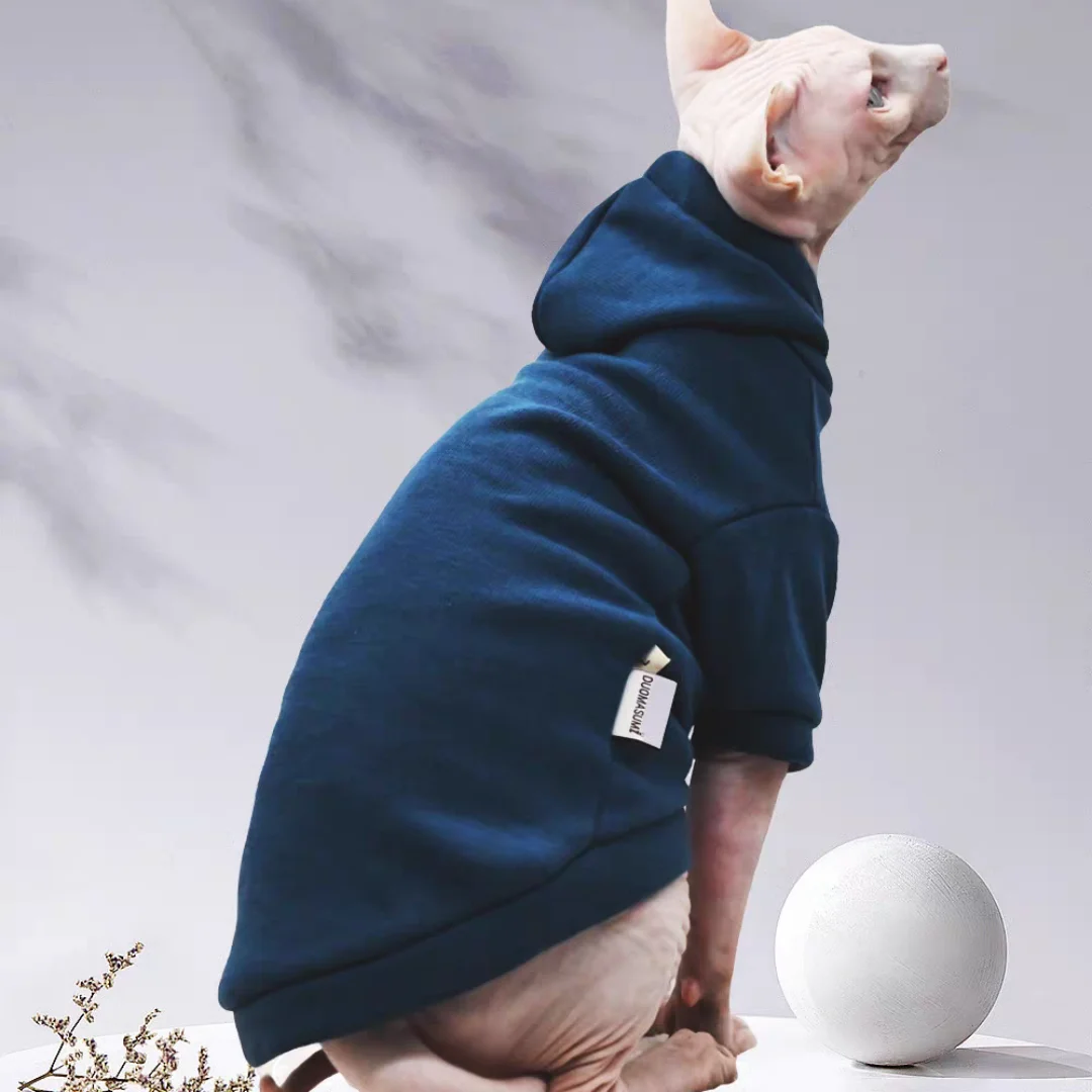 Dark Blue Thick Sweatshirt for Male Cat Winter Warm Hooded Jacket for Sphinx Kittens Spring Autumn Fashion Coat for Small Dogs