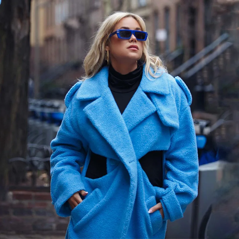 

Women's Autumn Winter Fashion Hollow Waist Slim Long Plush Coat Street Style Personality Blue