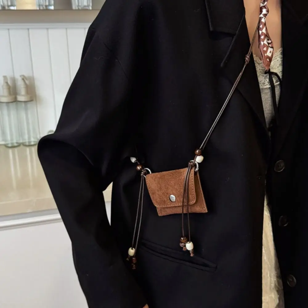 Retro Silk Scarf Suede Crossbody Bag Beads Shoulder Pouch Hanging Neck Bag Small Purse Lightweight Square Mini Bag Students