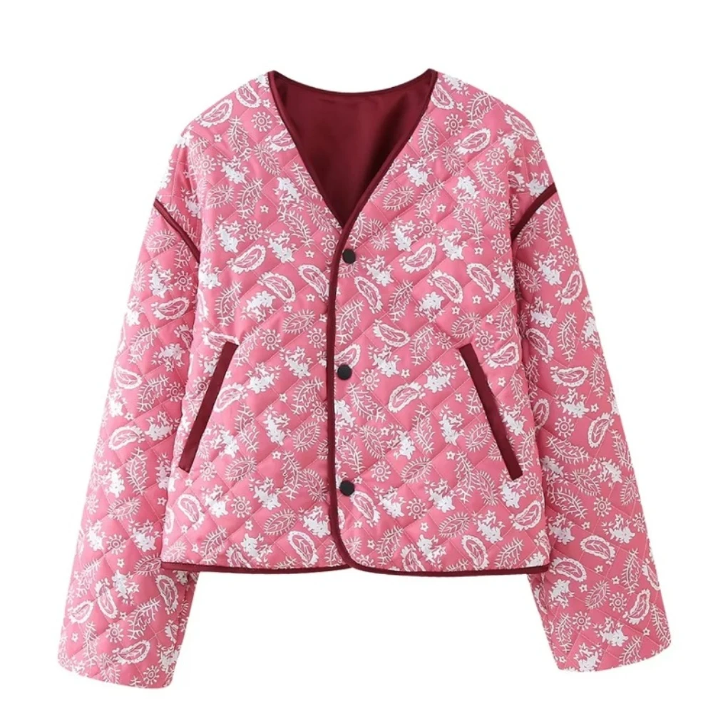 Veste matelassurera à col rond pour femme, manteau bouffant avec poche, veste imprimée rose Chester, poignets élastiques, extérieur, automne, hiver, nouveau, 2024