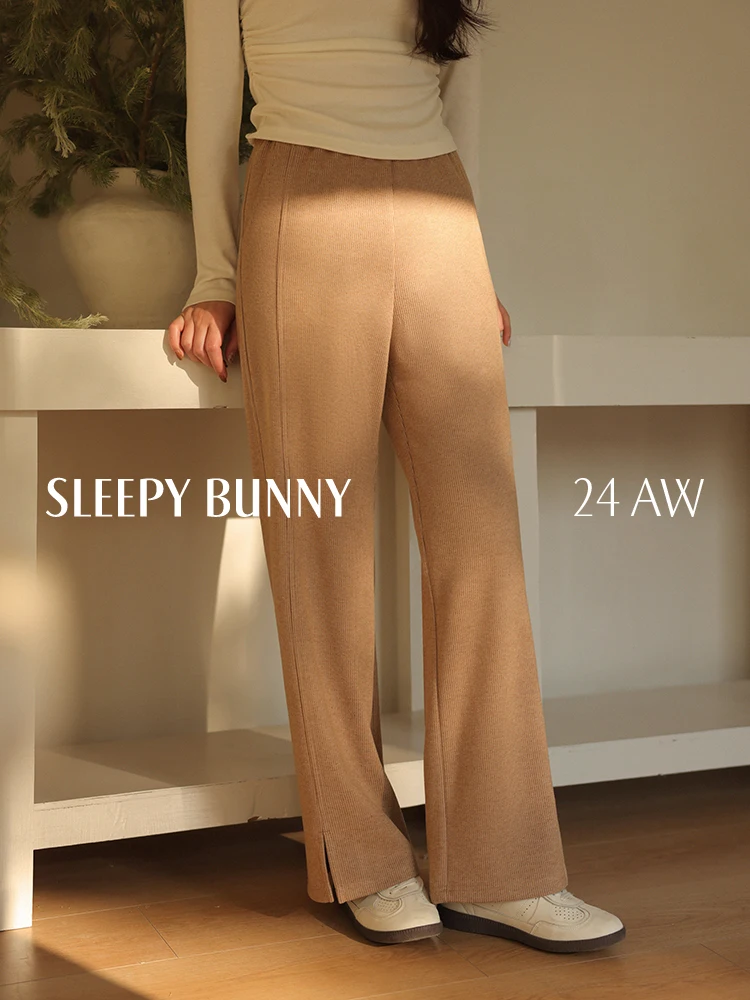 High Waist Knit Wide Leg Pants Brushed Straight Trousers Women Spring Casual Draped Bottoms Petite Slimming Relaxed Lazy Outfit