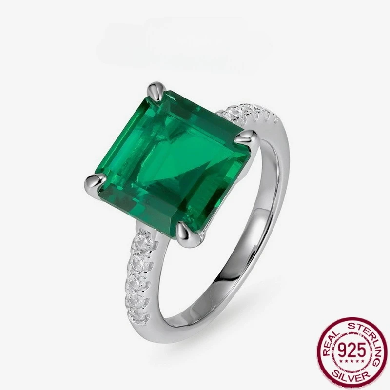 

New S925 pure silver light luxury simple emerald inlaid geometric square cultivation color treasure ring wedding jewelry