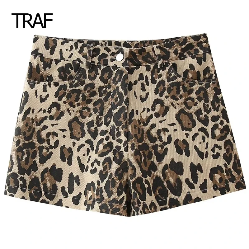 

TRAF Mini Leopard Print Short Women's Shorts Summer 2024 Women High Waist Short Casual Beach Shorts Korean Reviews Many Shorts