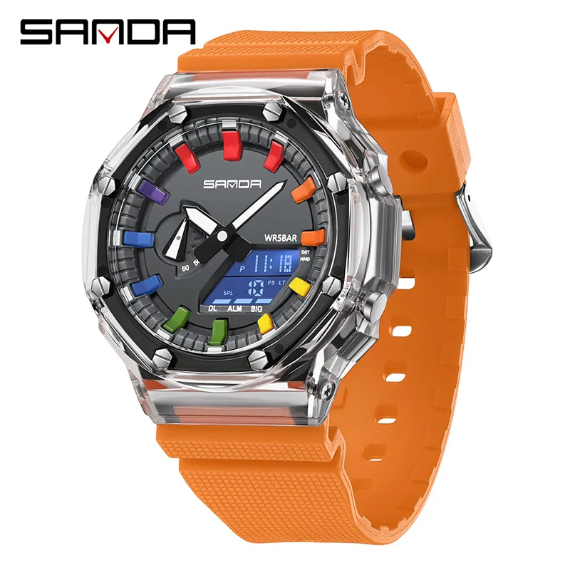 

SANDA Vitality Transparent Korean Edition Electronic Watch Multi functional Dual Display Movement Youth Swimming Sports Watch