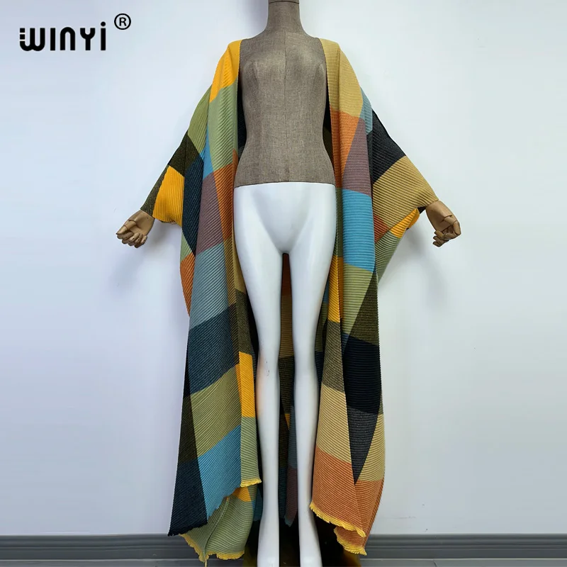 WINYI winter stripe printing cotton Pleated dress Beach Wear elegant Africa women Cardigan Hot Bohemian holiday party Kimono