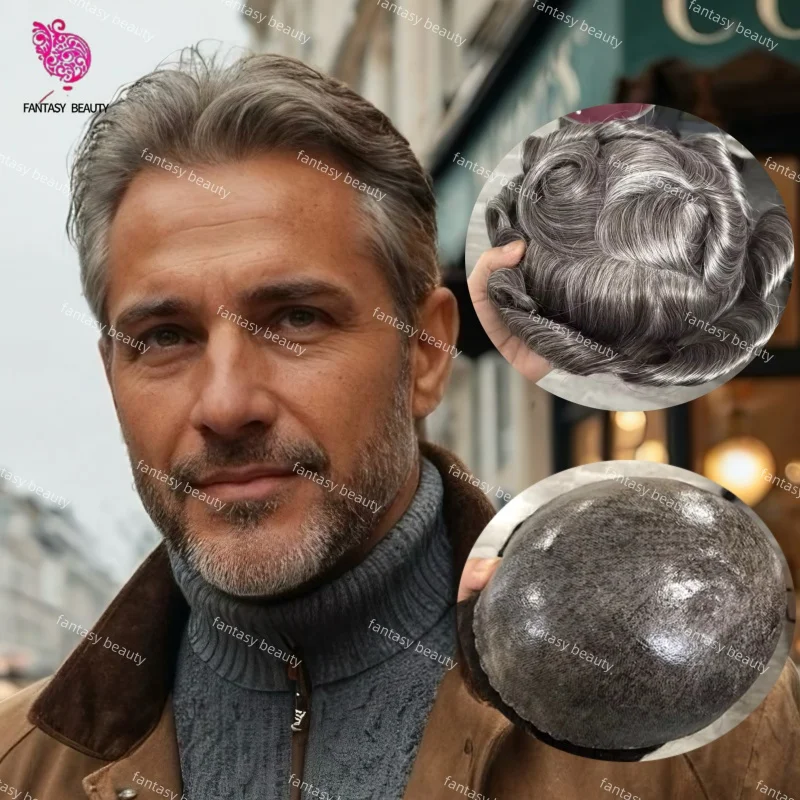 شعر بشري هندي كامل السُمك للرجال # 1B651B80 الشعر المستعار الاصطناعي كبار السن الرجال شعر بشري رمادي 30 مللي متر مجعد طبيعي #1