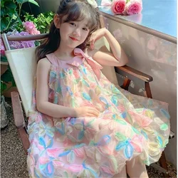 Girls Bowknot Dress 2024 Summer New Princess Dresses Little Girl Fashion Colorful Flower Yarn Dress Kids Sleeveless Party Gown