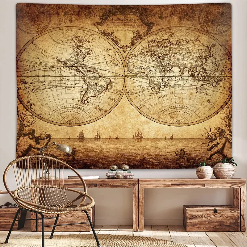 VIKAMA Retro World Map Tapestry Vintage Nautical Ocean Ship Wall Hanging Antique Style Bedroom Wall Art Backdrop
