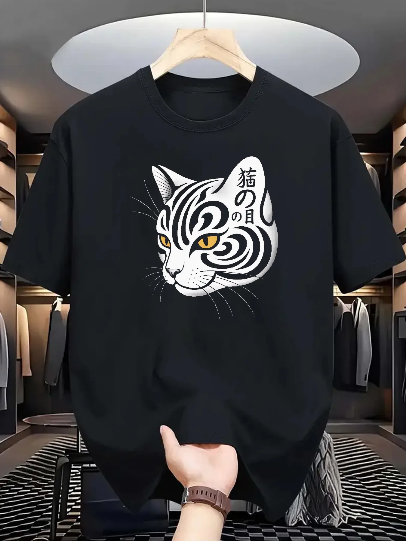 

2026 Men's New 100% Pure Cotton T-shirts Black Cat Eye Graphic T-Shirt - Japanese "Cat'S Eye" Design