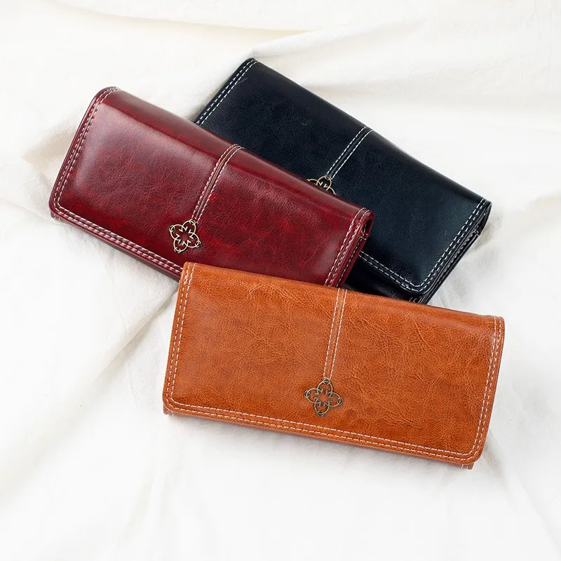 Leather texture women's long hand wallet cross-border European and American retro oil wax leather women's multi-card change grid