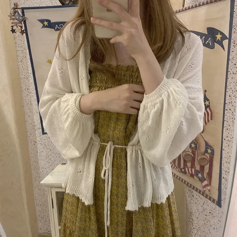 

Кардиган женский весенне-летний милый ажурный корейский модный свитер уютный женский вязаный повседневный вязаный рукав «летучая мышь» простой свободный