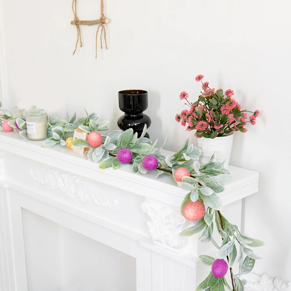 

Colorful Easter Egg Garland with Green Leaves Speckled Eggs Faux Hanging Garland Plastic Lifelike Spring Vine Garland