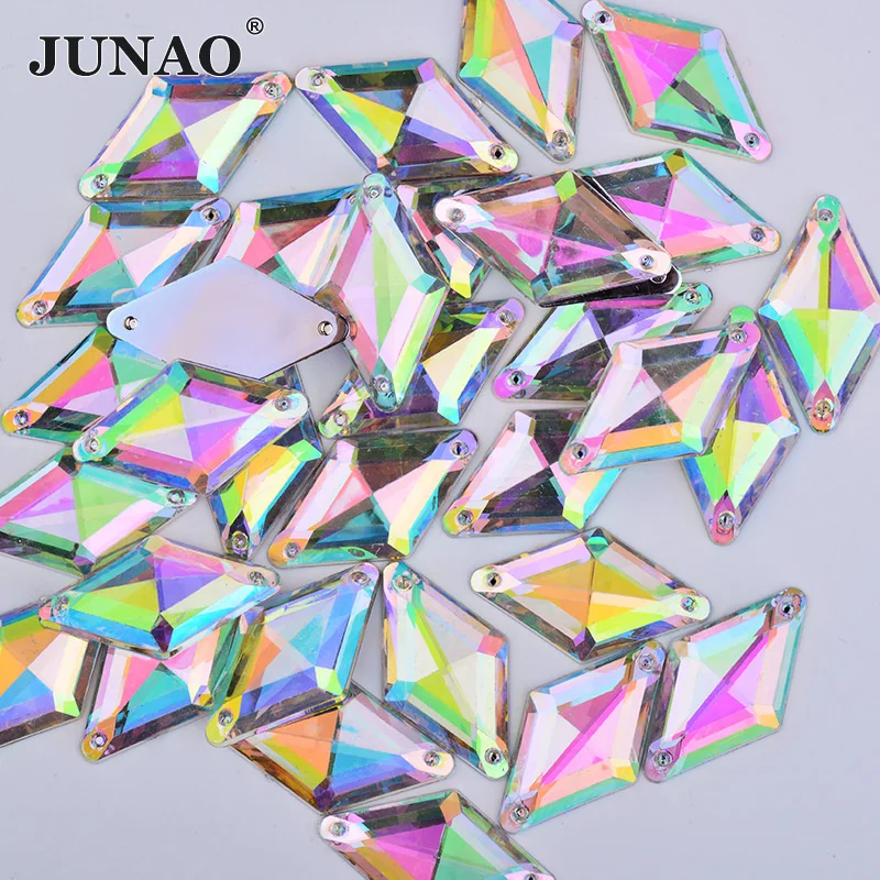 JUNAO 9*15mm 18*30mm Sew On Crystal AB Rhinestones Flatback Rhombus Shape Strass Acrylic Gems For Dress Clothes Needlwork Crafts