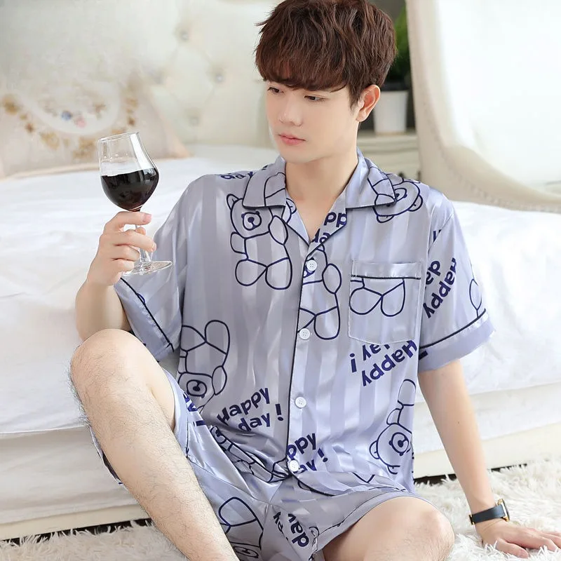 Younger Pajamas Summer New Men's Handsome Cardigan Home Clothes Set Ice Silk Thin Short-sleeved Shorts Outside Loungewear Suit