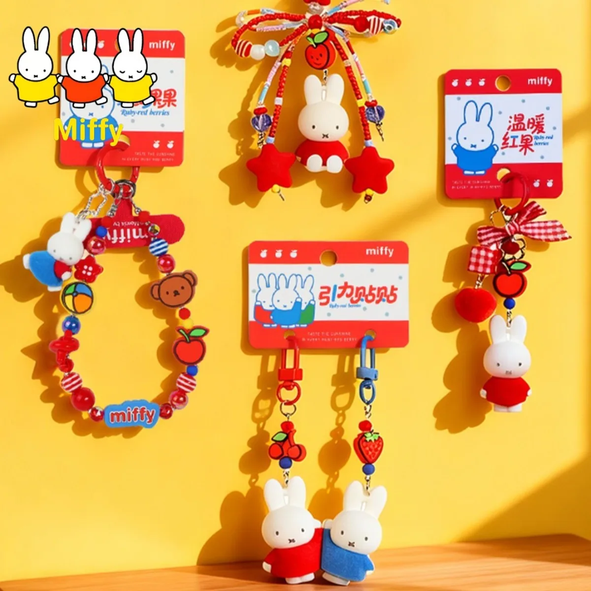 Kawaii Miffy Rabbit Keychain Cute Cartoon Red Fruit Story Bow Embroidered Creepy Keychain Best Friend's Festival Gift