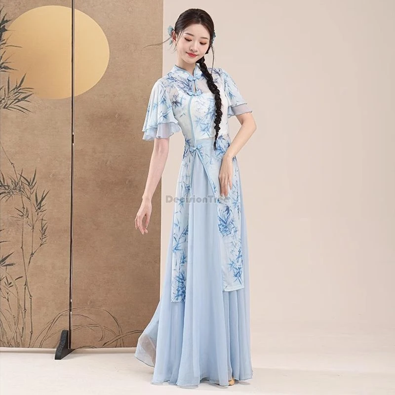 2025 new classical dance performance costumes chinese cheongsam yarn short sleeve printed set chinese dance performance costume