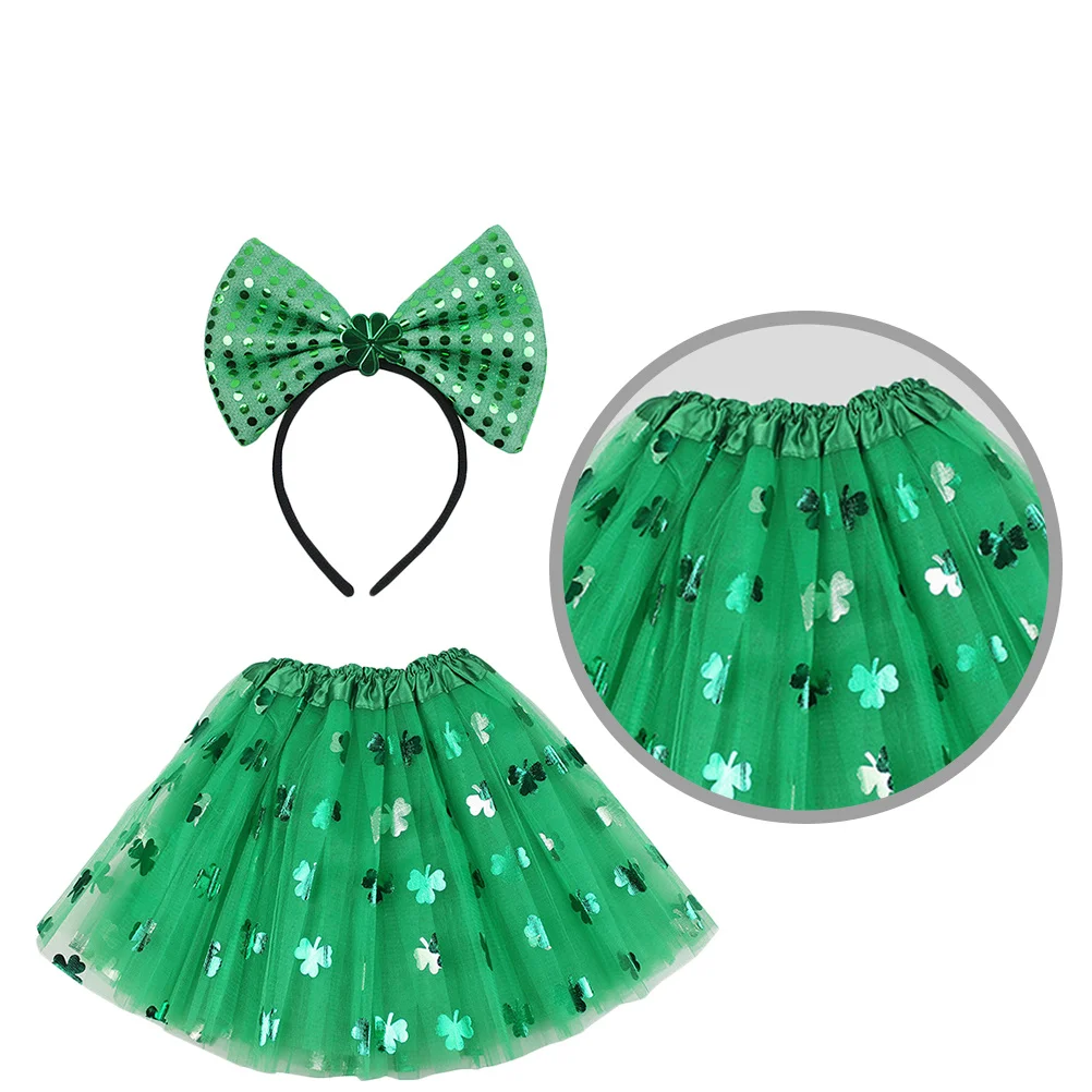 

1Pcs St Patrick's Day Party Skirt Gauzy Three-Layered Green Skirt for Women with Bowknot Headband Dress-Up Birthday Dancing