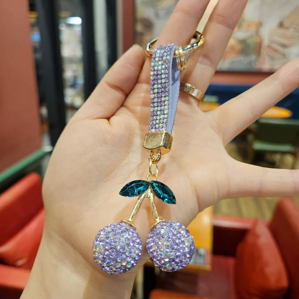 Korean Ins Full Rhinestones Cherry Keychain High-end DIY Crystal Cherry Pendant Creative Blingbling Rhinestone Car Keyring Women