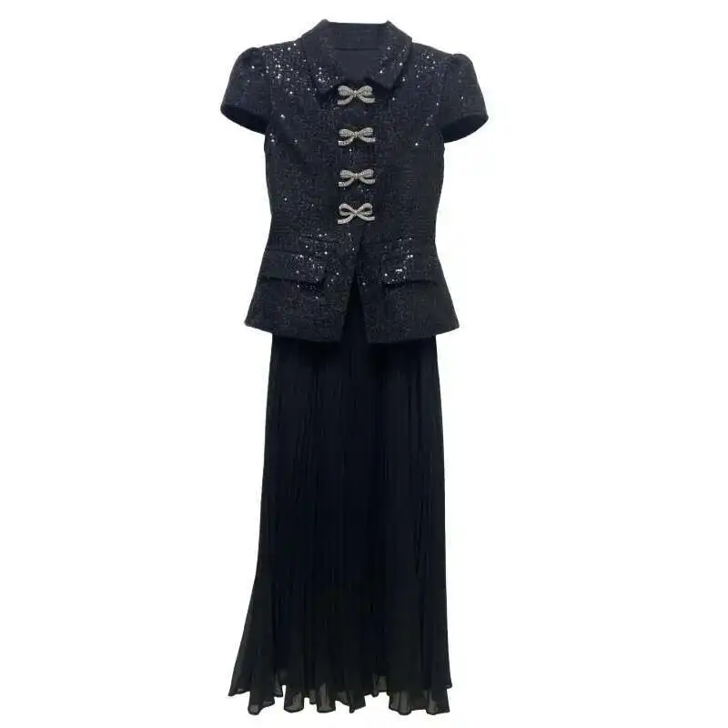 หรูหราอย่างเป็นทางการชุดราตรีลูกไม้ผู้หญิง 2025 ฤดูร้อนโบว์ใหญ่คริสตัลปลอม 2 ชิ้นชุดชีฟองยาวชุดพรรค ...