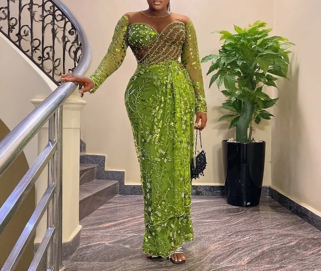فستان حفلات أخضر فاخر من الخرز الأفريقي من الدانتيل الأخضر فساتين لحضور الحفلات الموسيقية Aso Ebi فستان حفلات الزفاف حسب الطلب