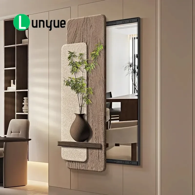 Wabi Sand Texture Full Body Mirror Hidden Green Plant Design Push Pull Sliding Mirror for Bedroom Entrance Decorative Wall