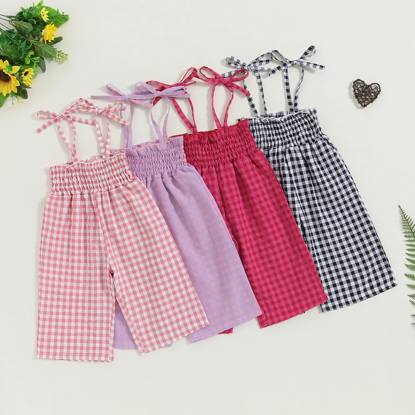 

1-5Y Baby Girl Summer Casual Overalls Romper Casual Plaid Print Tie Straps Sleeveless Jumpsuit for Toddler Kids Trousers Cloth