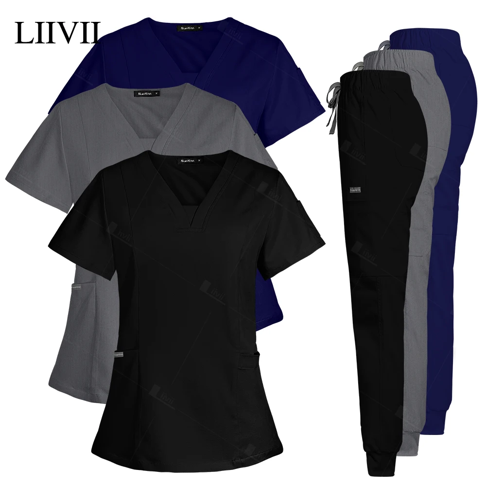 Grey Black Clinical Workwear Women Scrub Set Nurse Nursing Uniform Medical Uniforms Scrubs Set Pet Beauty Institutions Top Pants