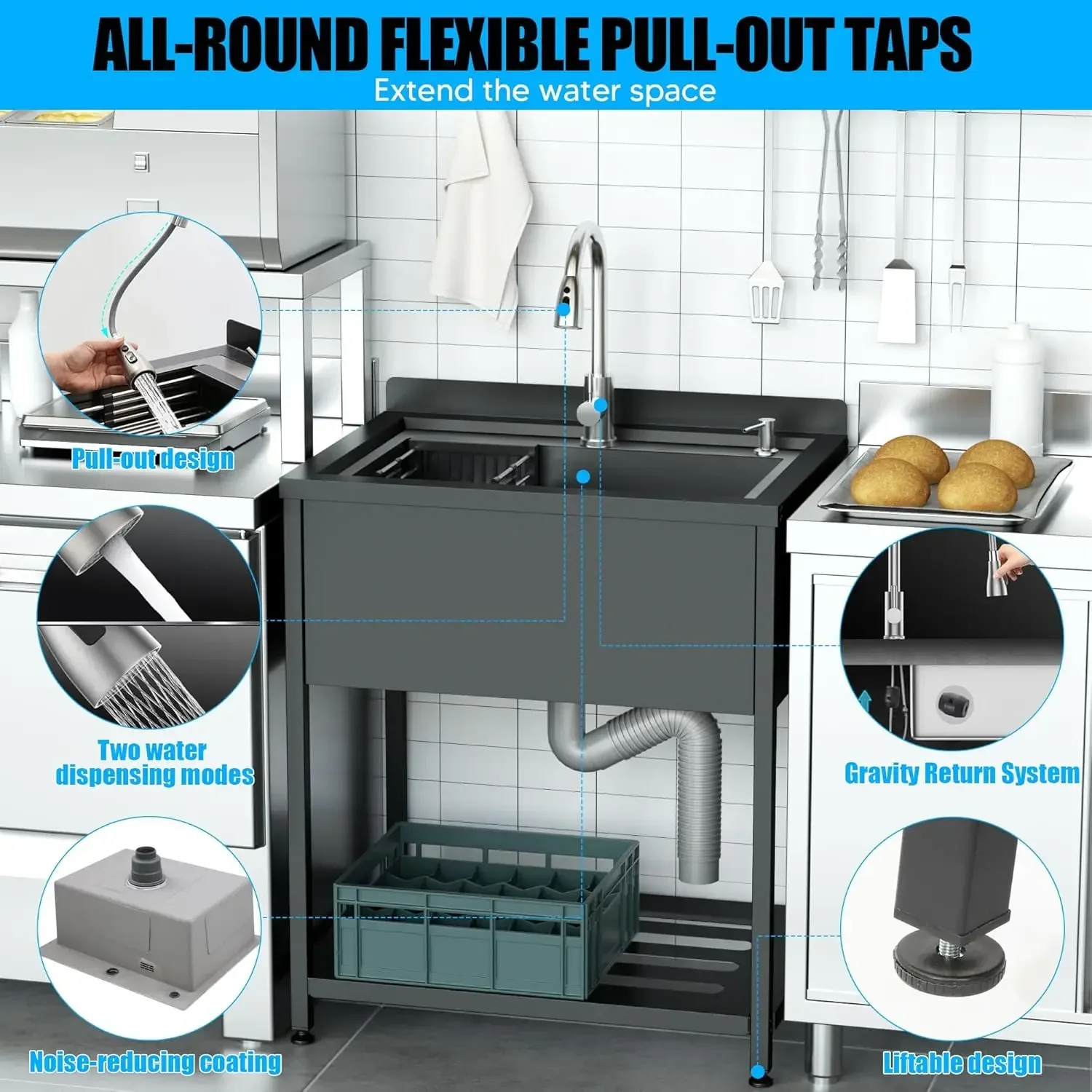 

[Горячее предложение, ограниченное предложение по времени! ]Раковина из нержавеющей стали, отдельно стоящая раковина 30,8 x 22 x 39,5 дюймов с краном для холодной и горячей воды