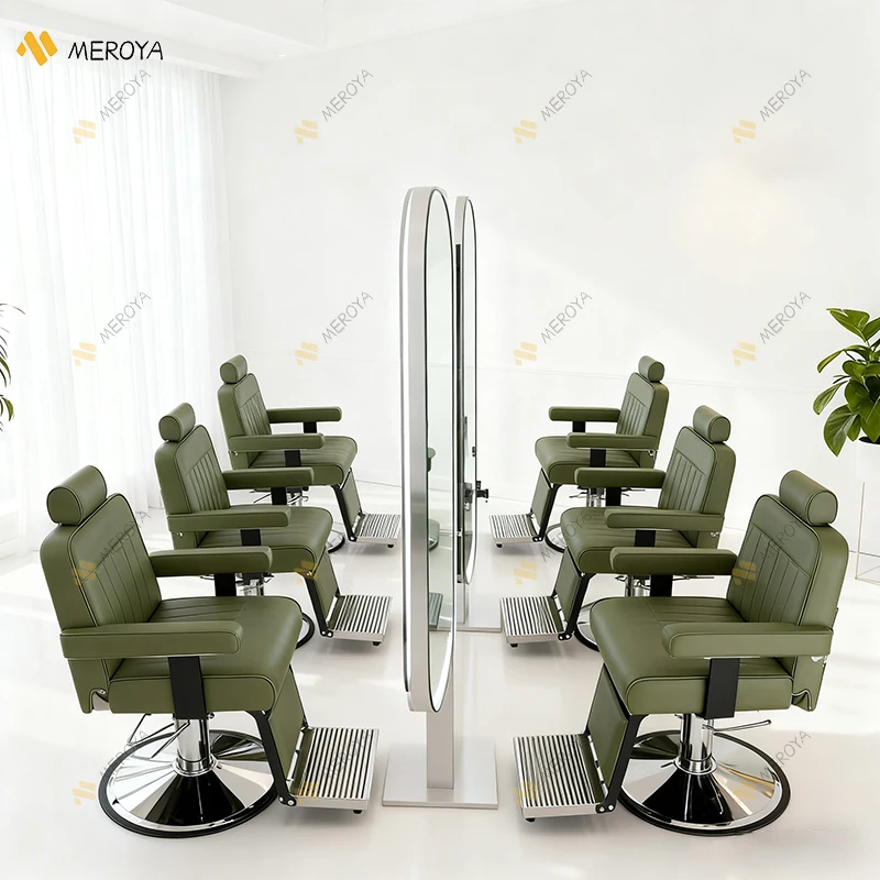 Barbershop Furniture Silver Round Base Green Leather Hairdressing Chair Luxury Modern Swivel Salon Shaving Barber Chair Decor