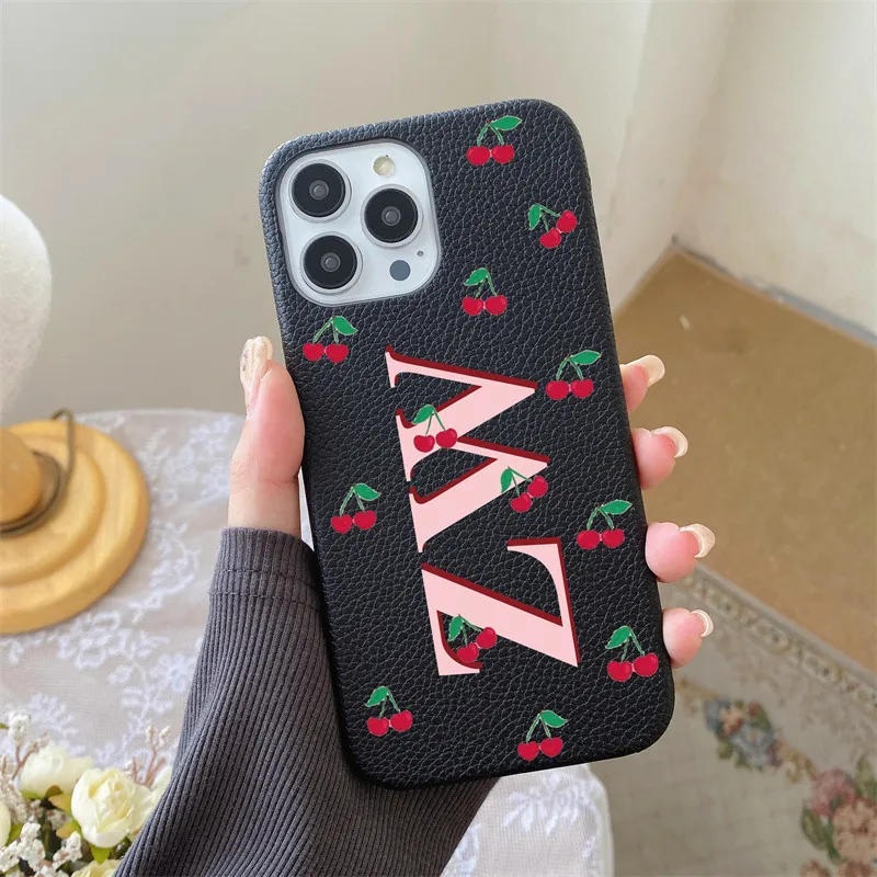 Personalised Letters Pebble Grain Leather Cute Cherry Case for iphone 11 12 14 13 15 Pro Max XS XR 14Plus Luxury Hard Covers Hot