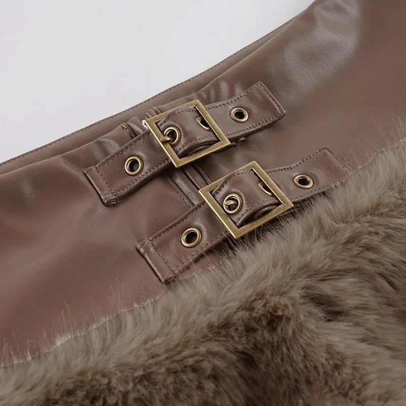 Faux Fur Patchwork Grommet Metal Buckles Pu Leather Shorts Women Chic Sexy Zipper Low Waist Casual Streetwear Bottoms Clubwear