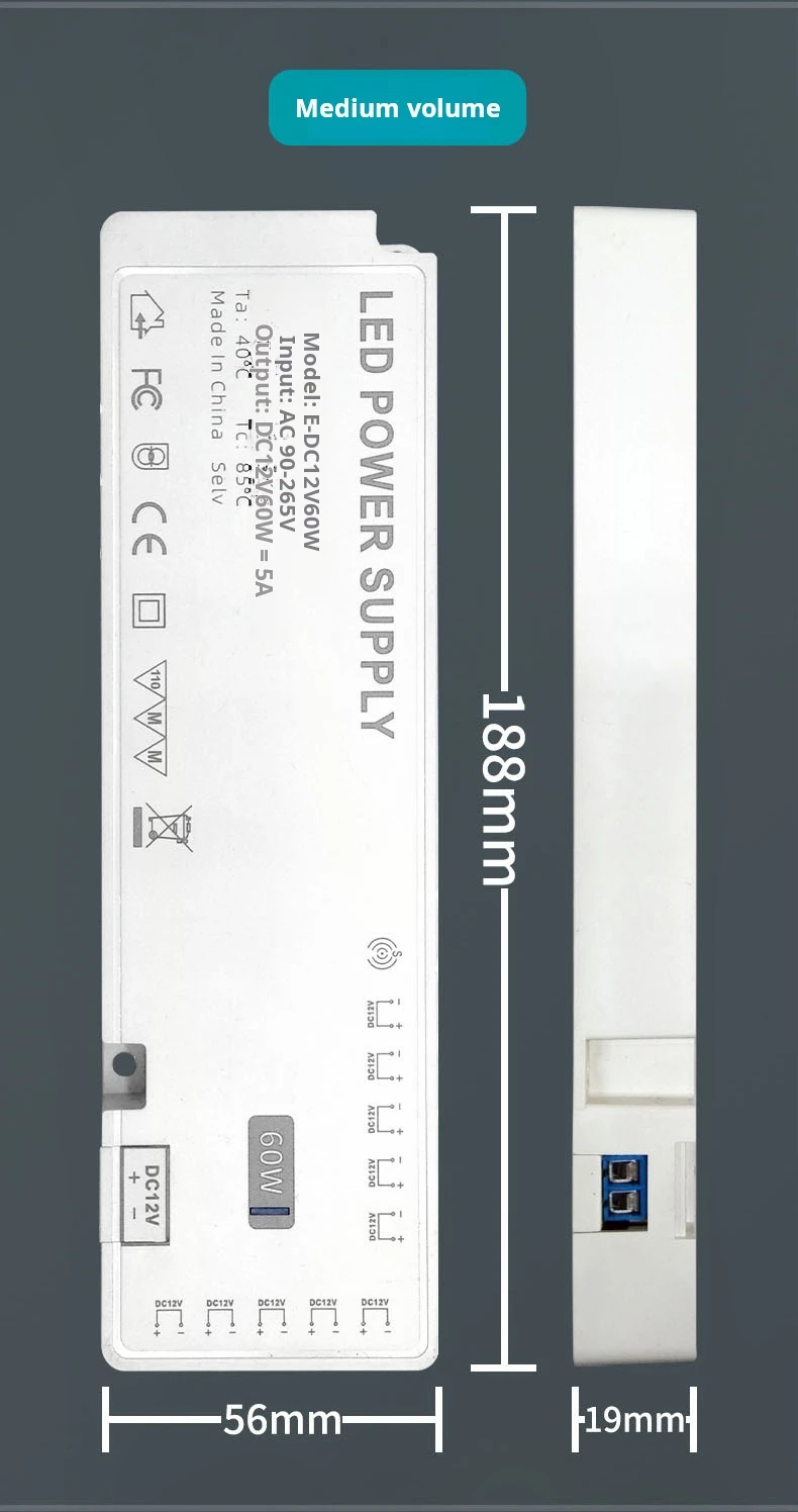 Ultradünnes DC12V 36W 60W 100W Netzteil AC110V 260V Transformator LED-Treiber für Schrankbeleuchtung – Detail 5