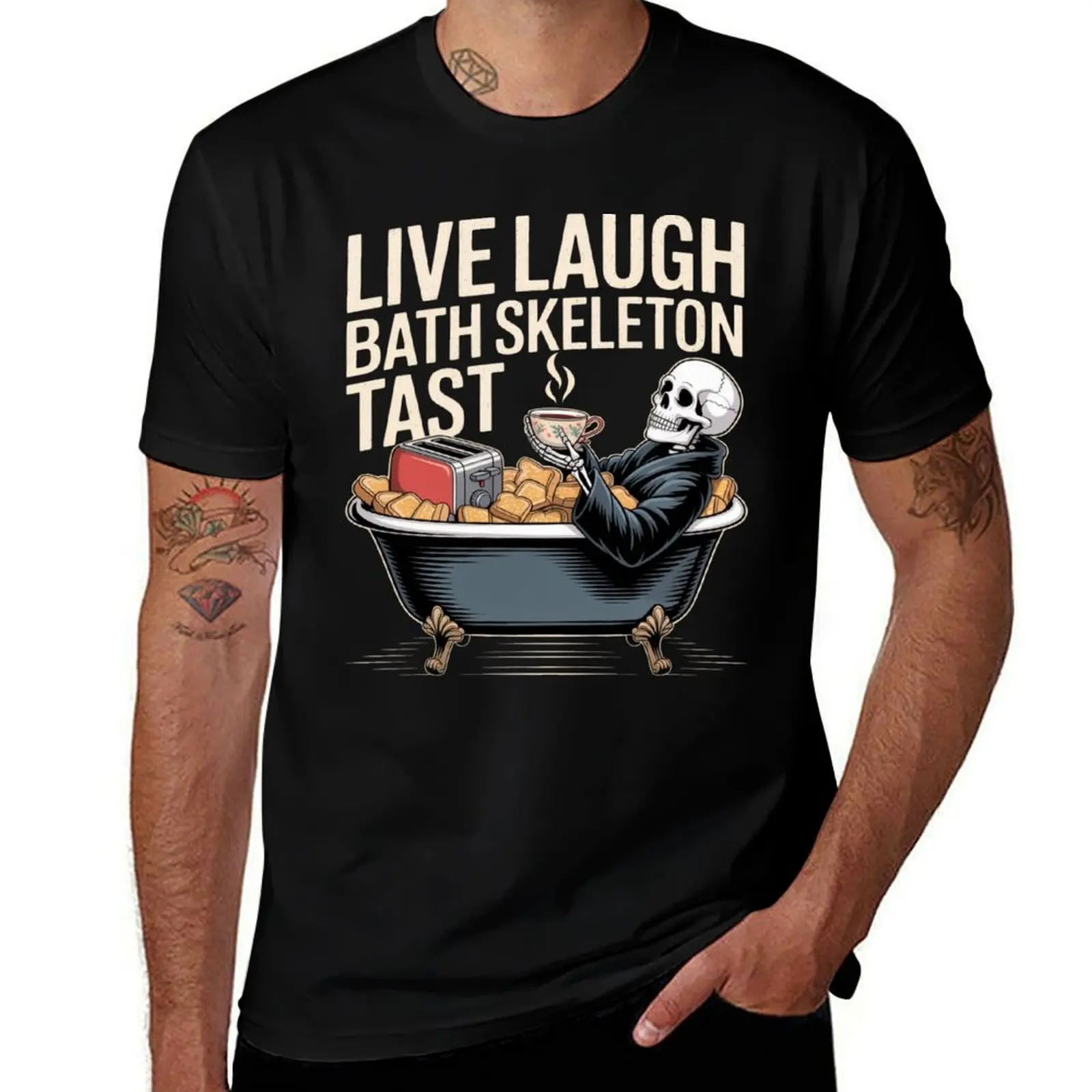 

Live Laugh Toaster Bath – Dark Humor Skeleton Meme Design T-Shirt blacks aesthetic clothes big and tall t shirts for men