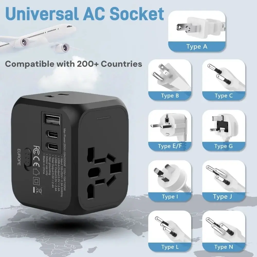 

EU/UK/US/AU Universal Travel Plug Adapter 2 Type C Durable All-in-one Charger Adapter USB Port Socket Adapter
