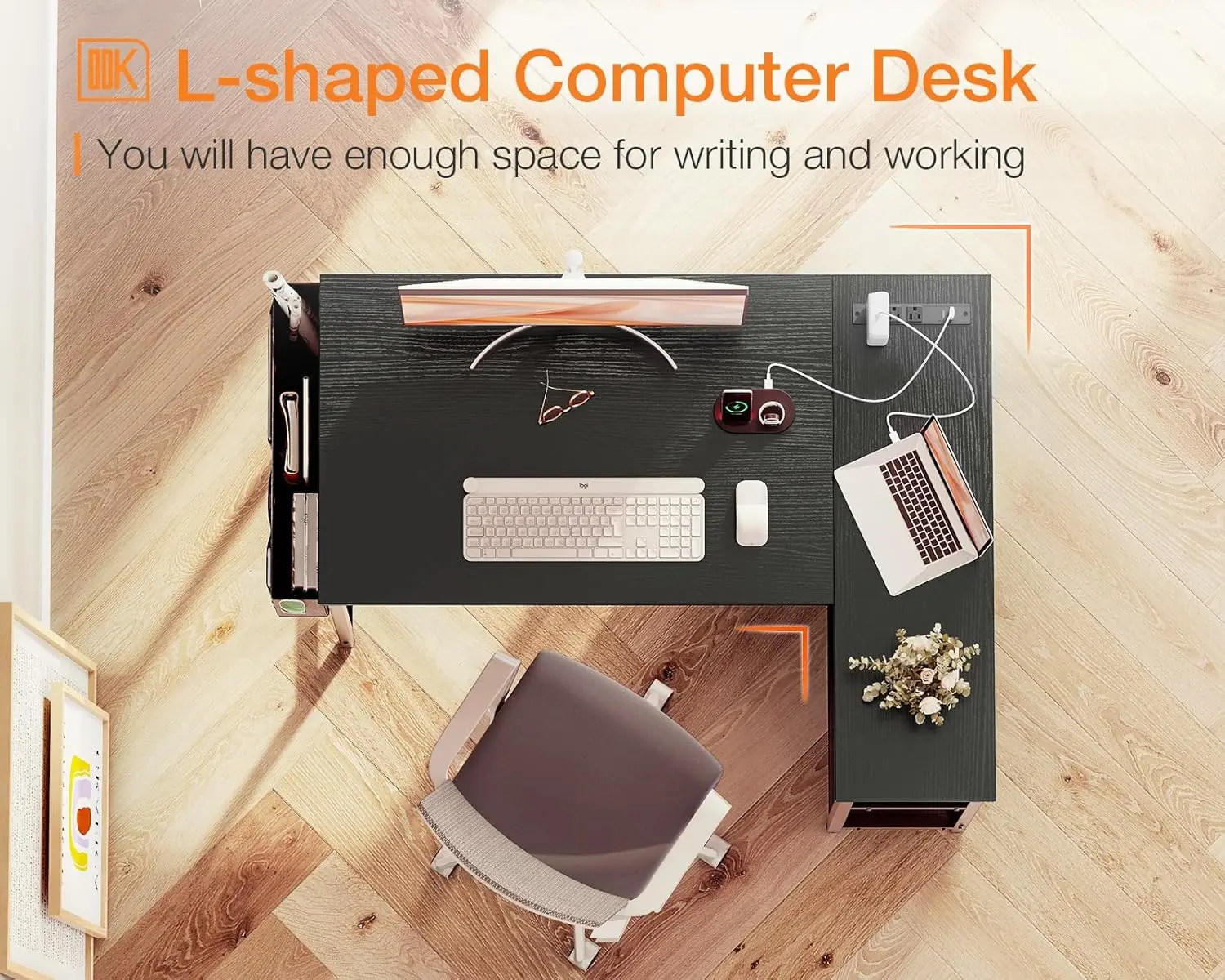 Meja Komputer Gaming Bentuk L Kecil 40 Inci dengan Stopkontak, Rak Penyimpanan yang Dapat Dibalik & Dudukan PC untuk Kantor Rumah