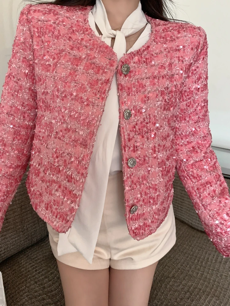 Luxury Pink Sequined jacket for women 2023 New collection korean style O-neck long sleeve coat Spring Autumn Blazer INKEO 3O238