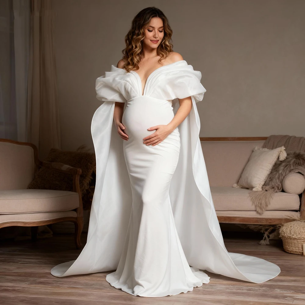 

Caped Shoulder Mermaid Wedding Dress Pregnancy Photoshoot Outfit Baby Shower Dress for Pregnant Women for Photo Shoot YW251019