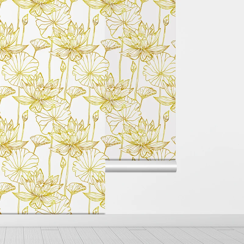 Modern Golden Lotus Decal Vinyl Wallpaper Chic Floral Self Adhesive Interior Decoration Peel and Stick Wallpapers 17.7