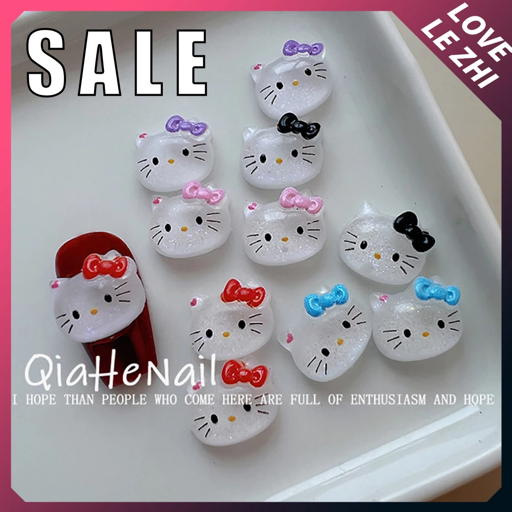 20Pcs Mini Cartoon Cute Cat Head Nails Art Charms Accessories Kawaii Sanrio Hello Kitty Manicure Diy Resin Accessories Promotion