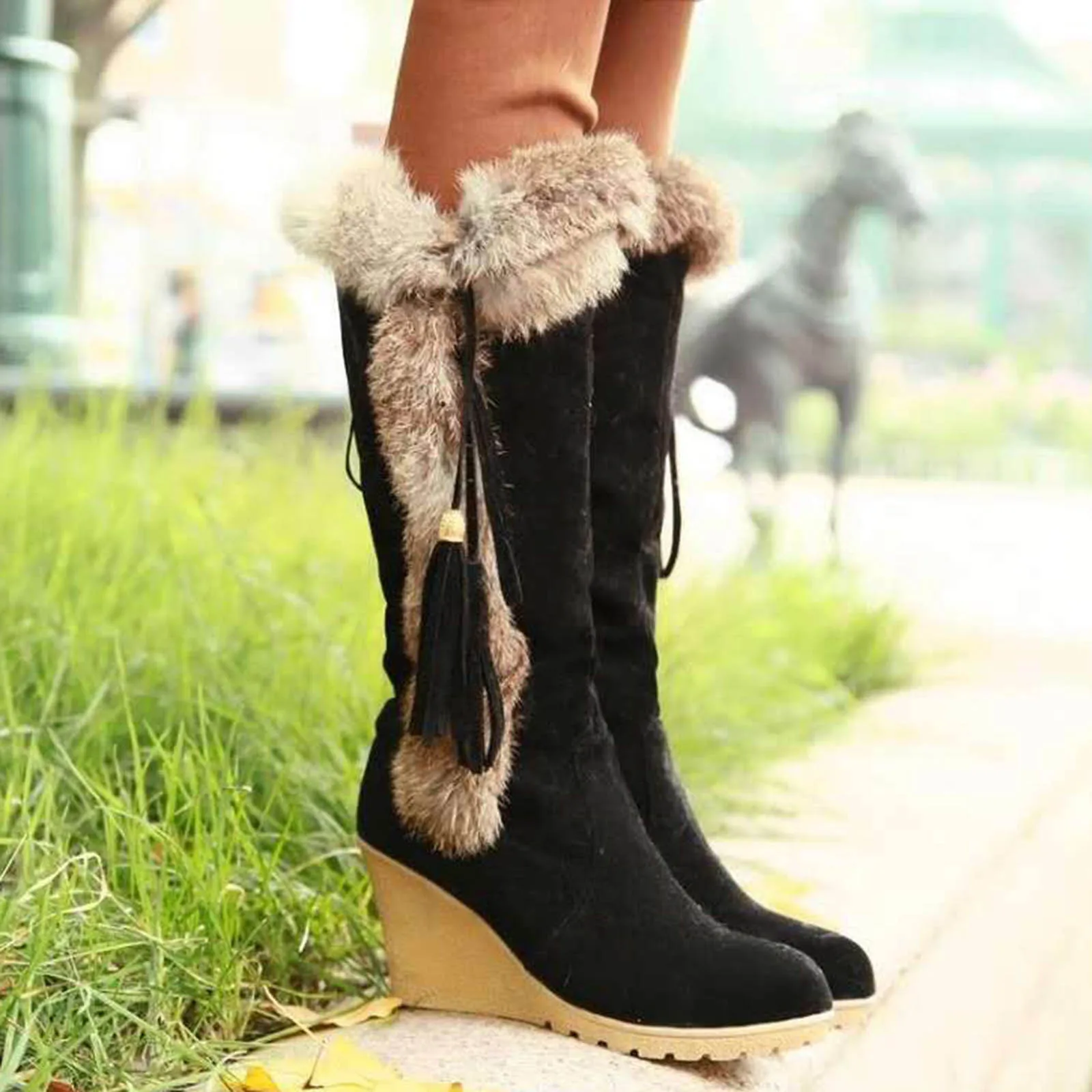 Wedge Boots Women\'s Shoes Platform Round Toe Plush Winter Footwear Booties Ladies Fashion Warm Knee High Booties 2023 New