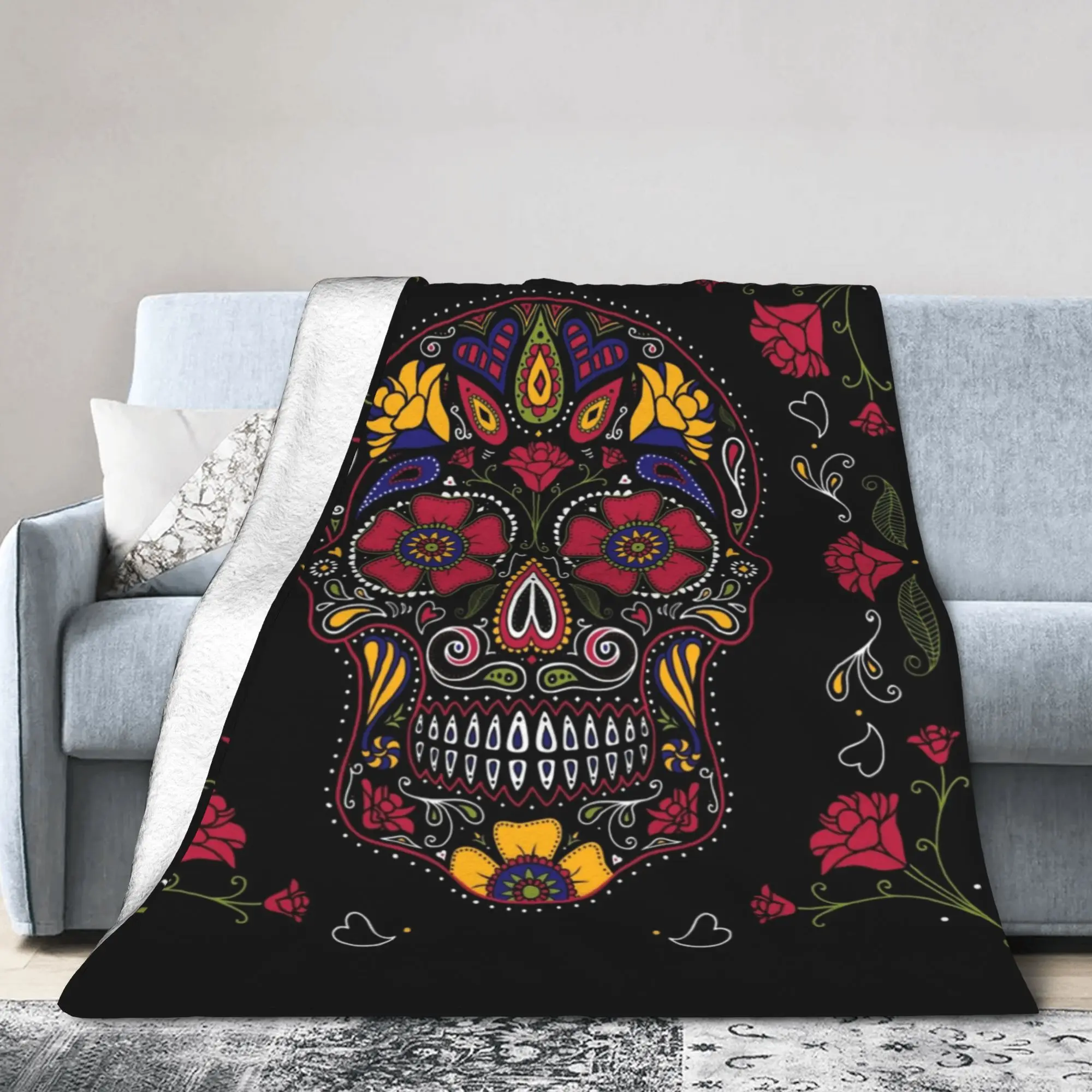 Day of the Dead Sugar Skull Blanket Decor Dia De Los Muertos Flowers Ultra-Soft Throw Blanket for Home Outdoor Plush Thin Quilt