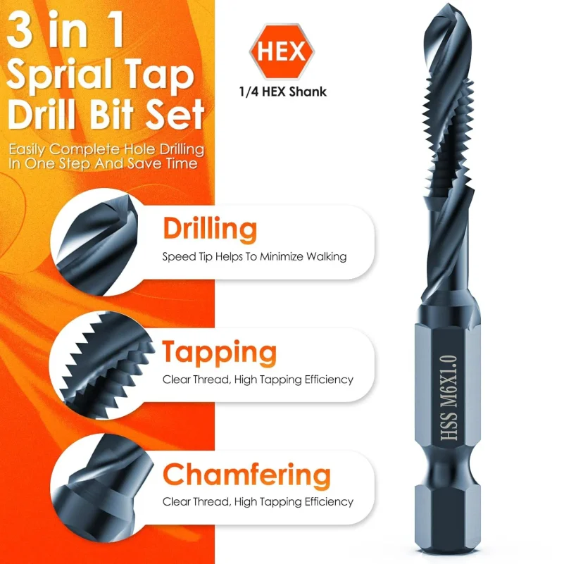 6Pcs Combination Drill Tap & Tap Bit Set, 3-in-1 Anti-Rust Screw Tapping Bit Tool in Metric M3 M4 M5 M6 M8 M10, 1/4” Hex Shank