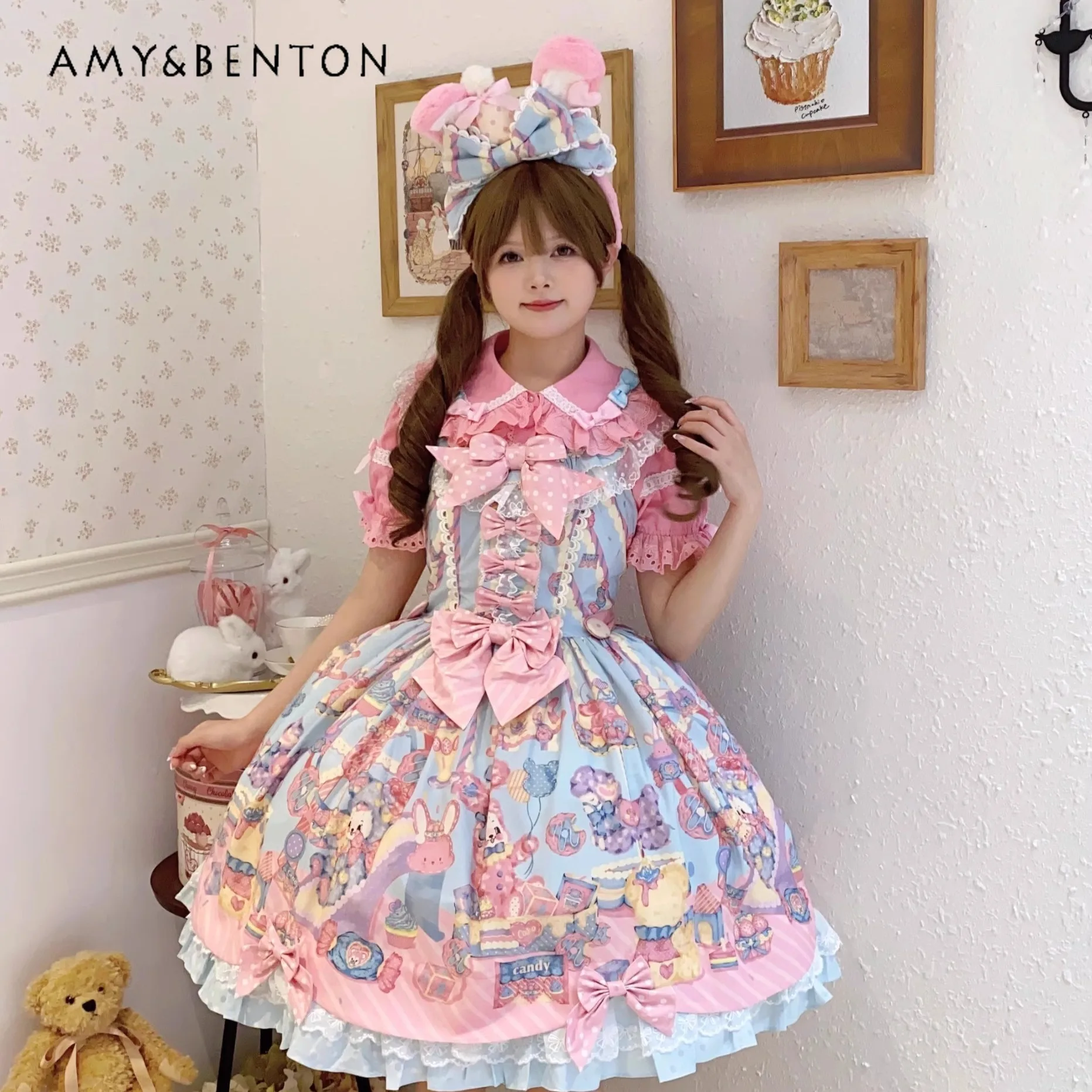 Abito da torta a righe con stampa cartoon Kawaii Lolita Abito da principessa con bretelle a vita alta con fiocco carino originale in pizzo
