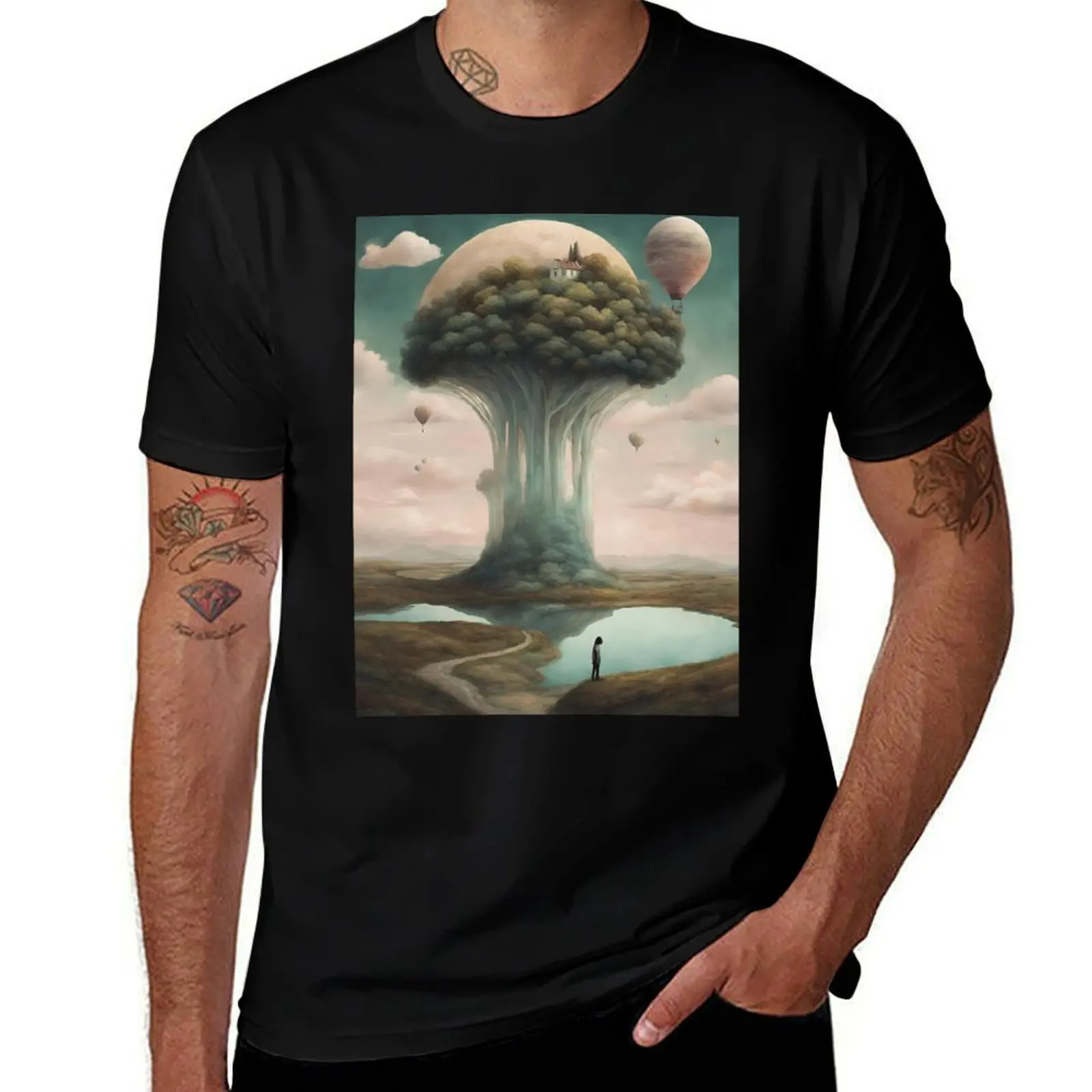 

Floating Forest Island – Surreal Tree House with Hot Air Balloons T-Shirt tees kawaii clothes mens cotton t shirts