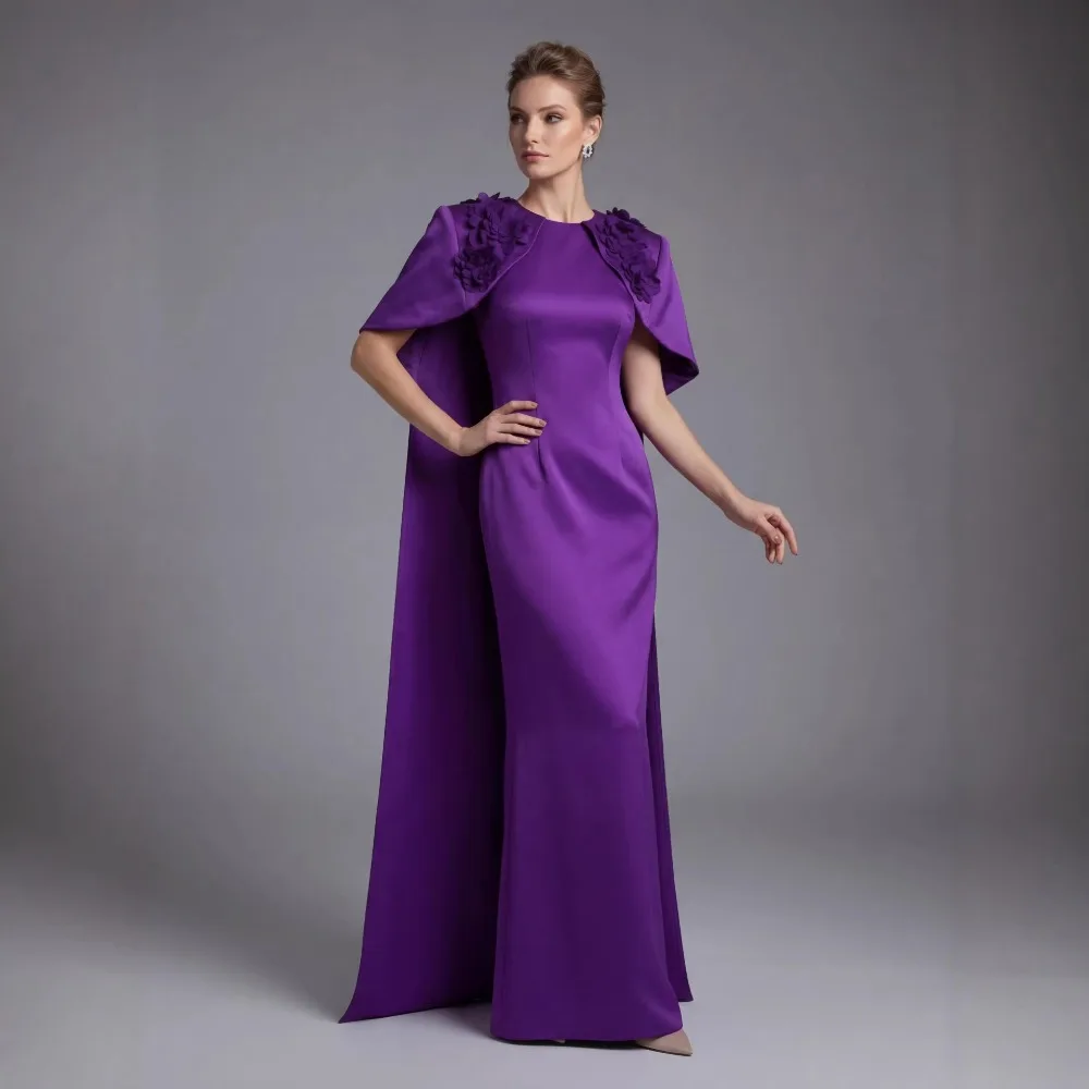 Elegant Purple Short Sleeves Dress Applique Shawl Collar Floor Length Long Dresses High-end Dinner Formal Party Prom Gowns