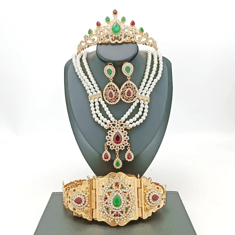 Set di gioielli da sposa marocchini orecchini da donna arabi in metallo con catena in vita da sposa Tiara Queen Crown Necklace