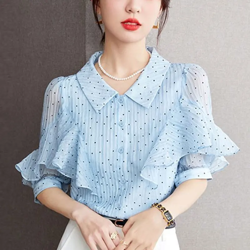 Office Lady Polka Dot Shirt Sweet Ruffles Spliced Women\'s Clothing Commute Single-breasted 2024 Summer Short Sleeve Lapel Blouse