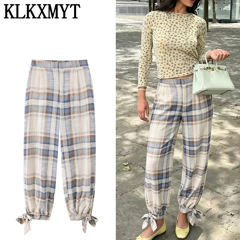 KLKXMYT Chic Casual Check Pants For Women High Waist Lantern Pants Woman 2026 Summer Autumn Fashion Bow Pant Trendy