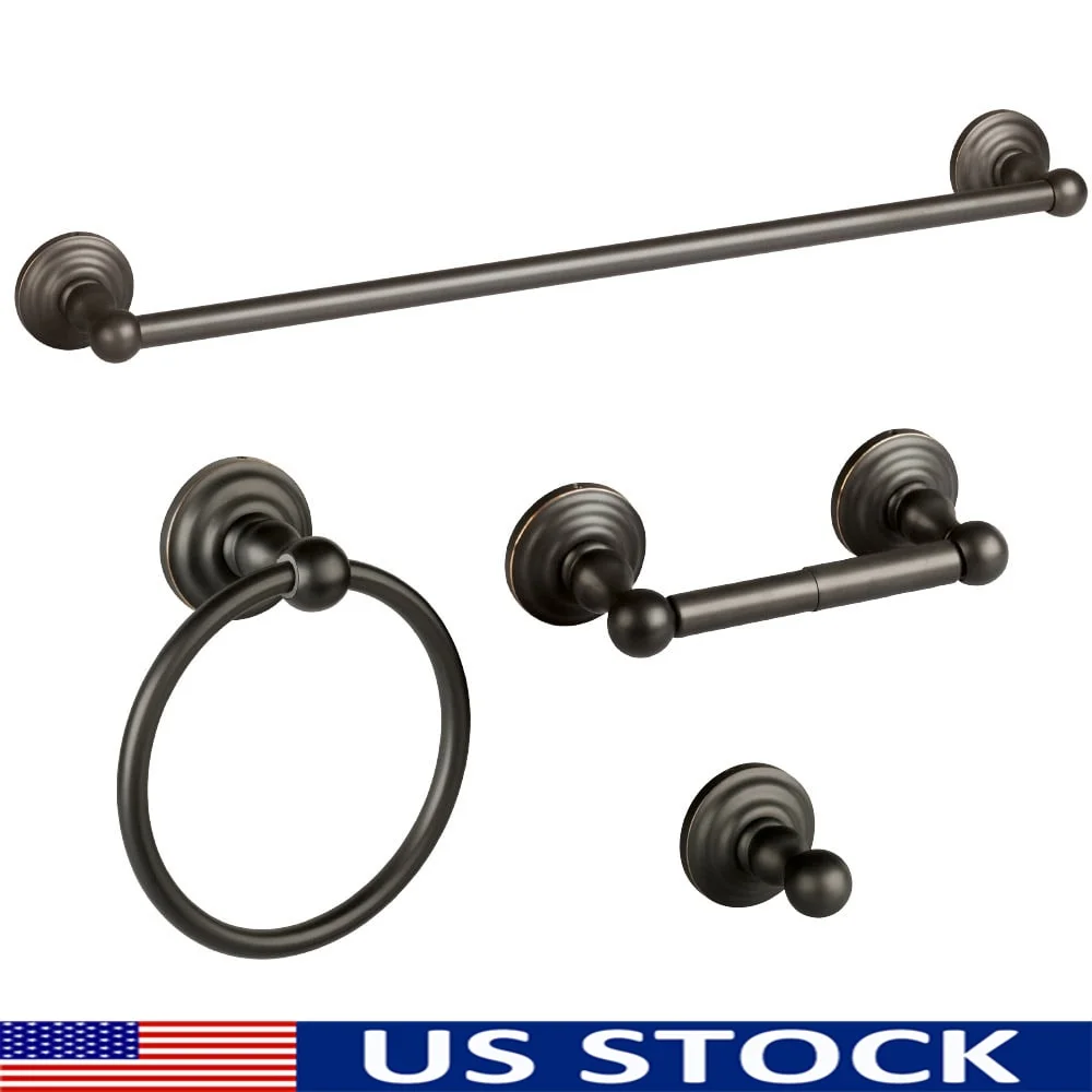 

4-Piece Bathroom Hardware Accessory Set Oil Rubbed Bronze Towel Bar Ring Toilet Paper Holder Robe Hook Durable Easy Install
